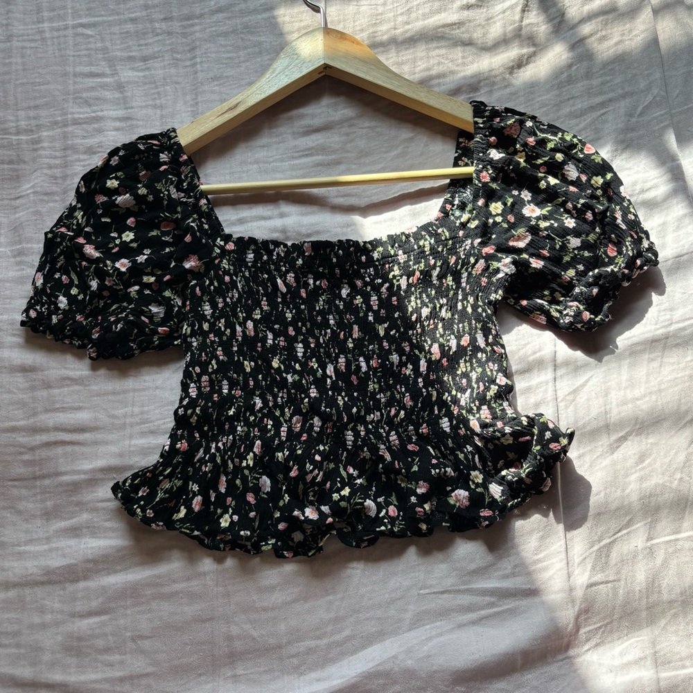 Forever 21 Black Floral Smocked Blouse